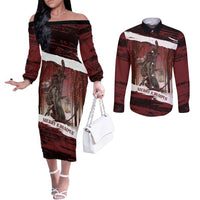 Merry Christmas Couples Matching Off The Shoulder Long Sleeve Dress and Long Sleeve Button Shirt Krampus in The Woods - Red