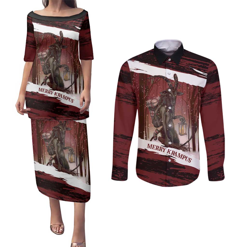 Merry Christmas Couples Matching Puletasi and Long Sleeve Button Shirt Krampus in The Woods - Red LT7 - Wonder Print Shop