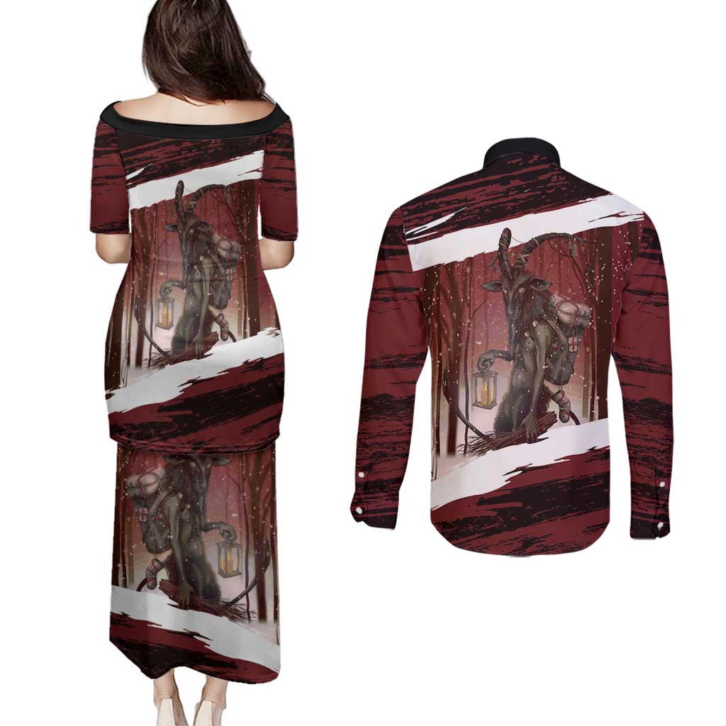 Merry Christmas Couples Matching Puletasi and Long Sleeve Button Shirt Krampus in The Woods - Red LT7 - Wonder Print Shop
