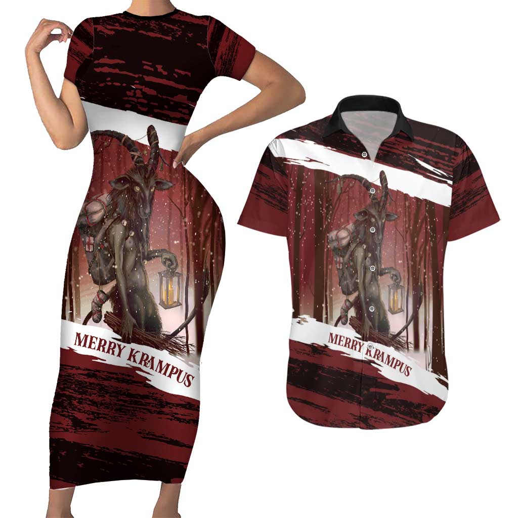 Merry Christmas Couples Matching Short Sleeve Bodycon Dress and Hawaiian Shirt Krampus in The Woods - Red LT7 - Wonder Print Shop