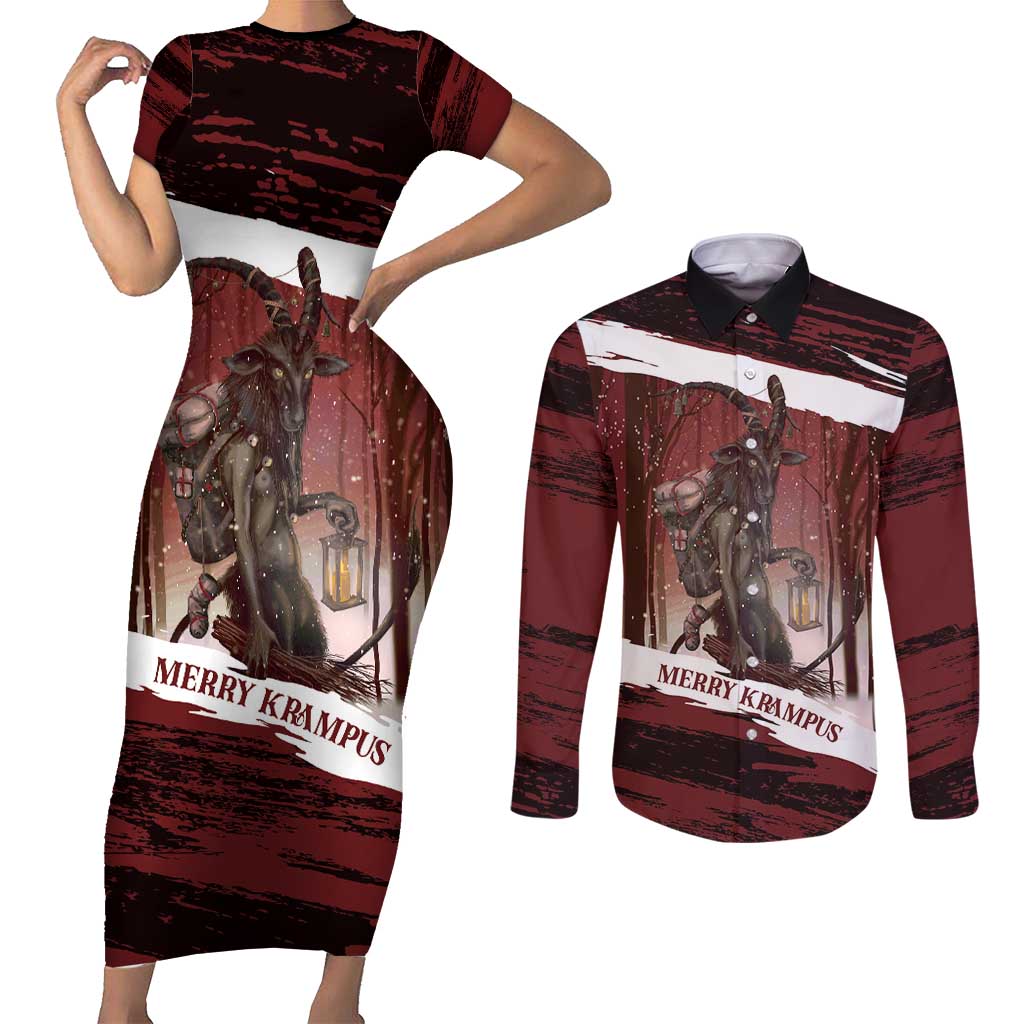 Merry Christmas Couples Matching Short Sleeve Bodycon Dress and Long Sleeve Button Shirt Krampus in The Woods - Red LT7 - Wonder Print Shop