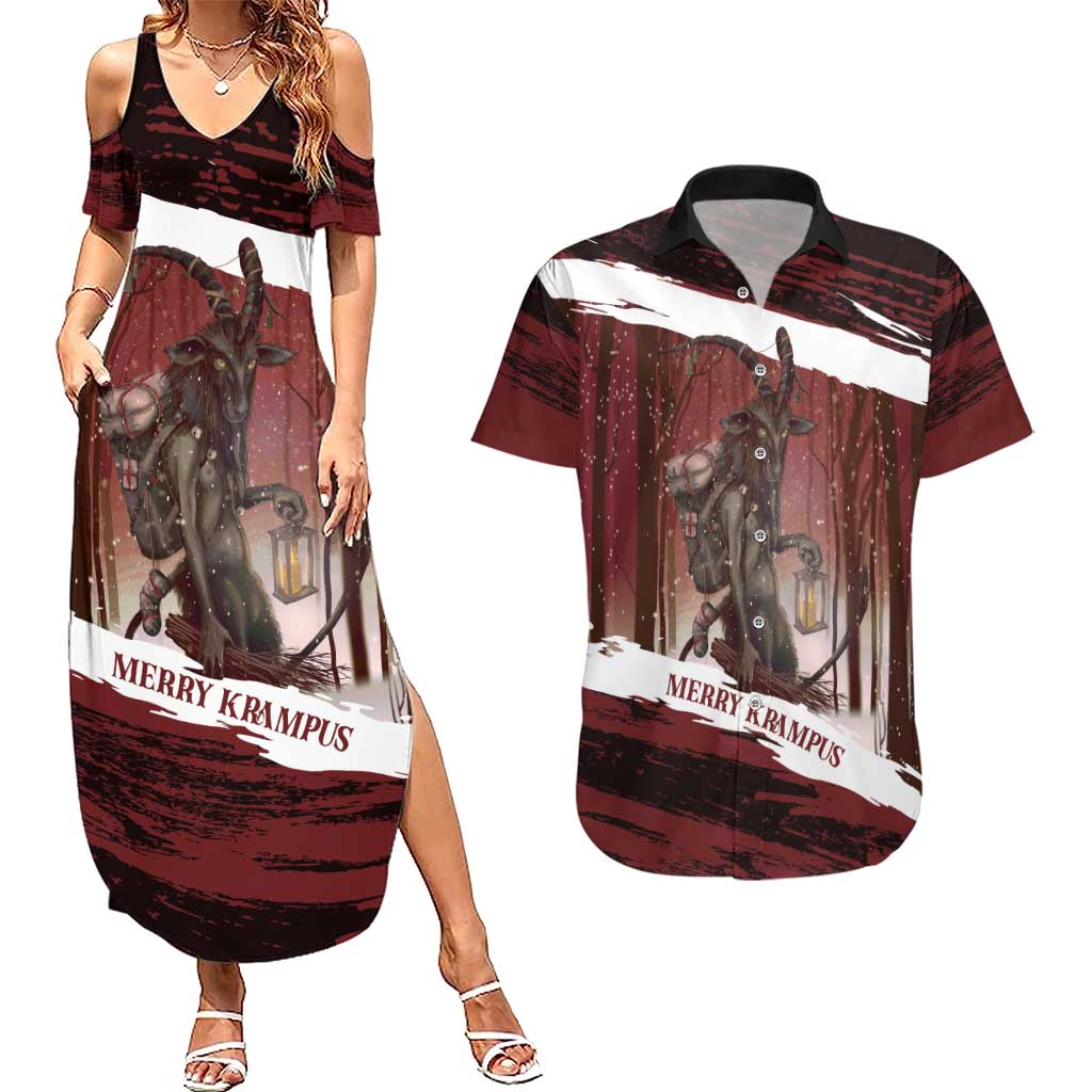 Merry Christmas Couples Matching Summer Maxi Dress and Hawaiian Shirt Krampus in The Woods - Red LT7 - Wonder Print Shop