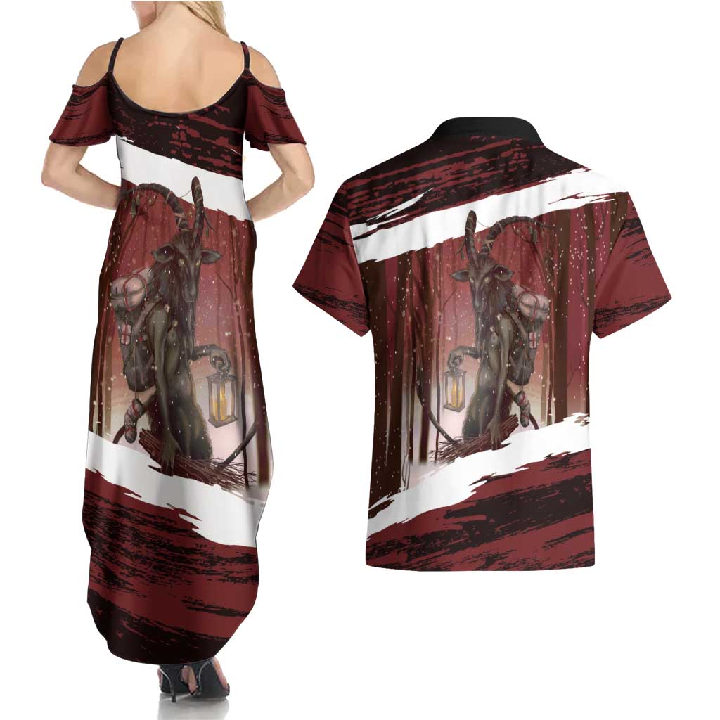 Merry Christmas Couples Matching Summer Maxi Dress and Hawaiian Shirt Krampus in The Woods - Red LT7 - Wonder Print Shop