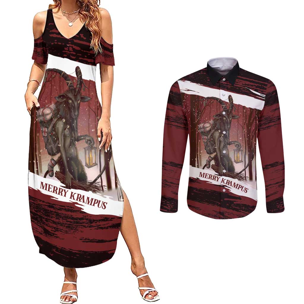Merry Christmas Couples Matching Summer Maxi Dress and Long Sleeve Button Shirt Krampus in The Woods - Red LT7 - Wonder Print Shop