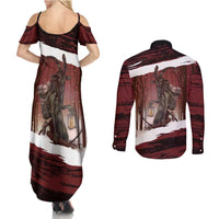 Merry Christmas Couples Matching Summer Maxi Dress and Long Sleeve Button Shirt Krampus in The Woods - Red LT7 - Wonder Print Shop