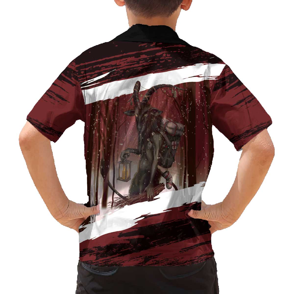 Merry Christmas Family Matching Off The Shoulder Long Sleeve Dress and Hawaiian Shirt Krampus in The Woods - Red - Wonder Print Shop