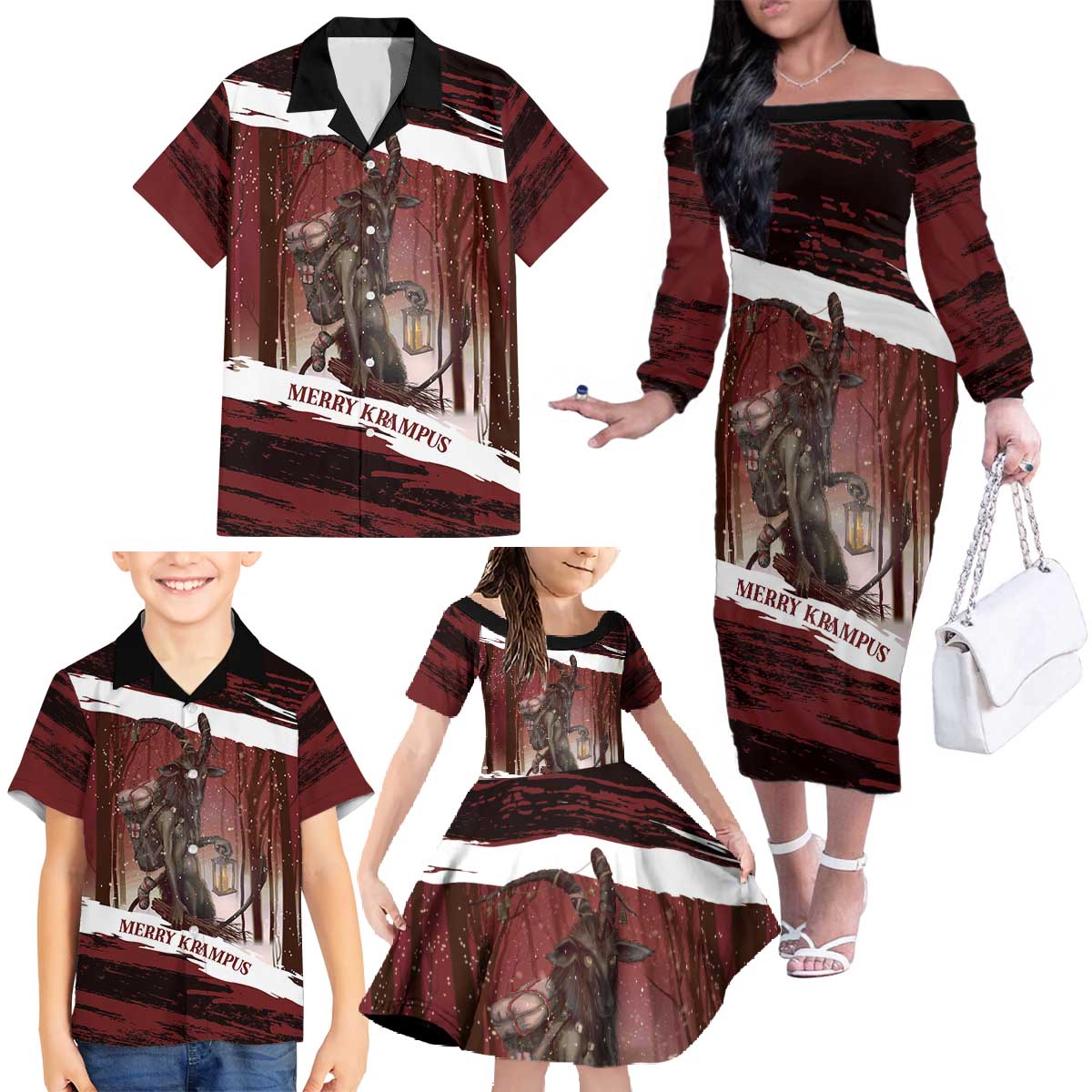 Merry Christmas Family Matching Off The Shoulder Long Sleeve Dress and Hawaiian Shirt Krampus in The Woods - Red - Wonder Print Shop