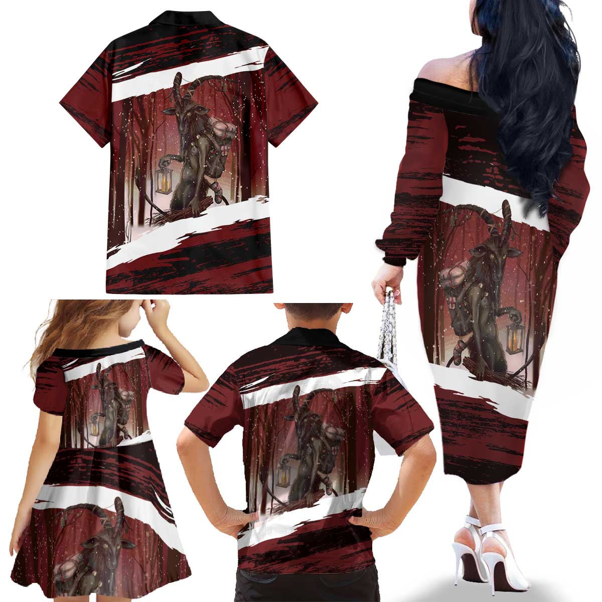 Merry Christmas Family Matching Off The Shoulder Long Sleeve Dress and Hawaiian Shirt Krampus in The Woods - Red - Wonder Print Shop