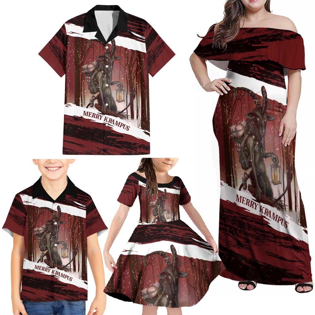 Merry Christmas Family Matching Off Shoulder Maxi Dress and Hawaiian Shirt Krampus in The Woods - Red LT7 - Wonder Print Shop