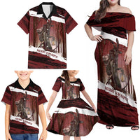 Merry Christmas Family Matching Off Shoulder Maxi Dress and Hawaiian Shirt Krampus in The Woods - Red LT7 - Wonder Print Shop