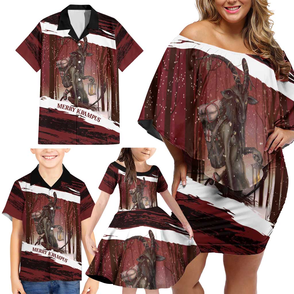 Merry Christmas Family Matching Off Shoulder Short Dress and Hawaiian Shirt Krampus in The Woods - Red LT7 - Wonder Print Shop