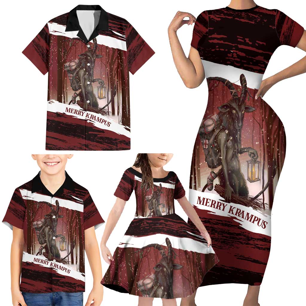 Merry Christmas Family Matching Short Sleeve Bodycon Dress and Hawaiian Shirt Krampus in The Woods - Red - Wonder Print Shop