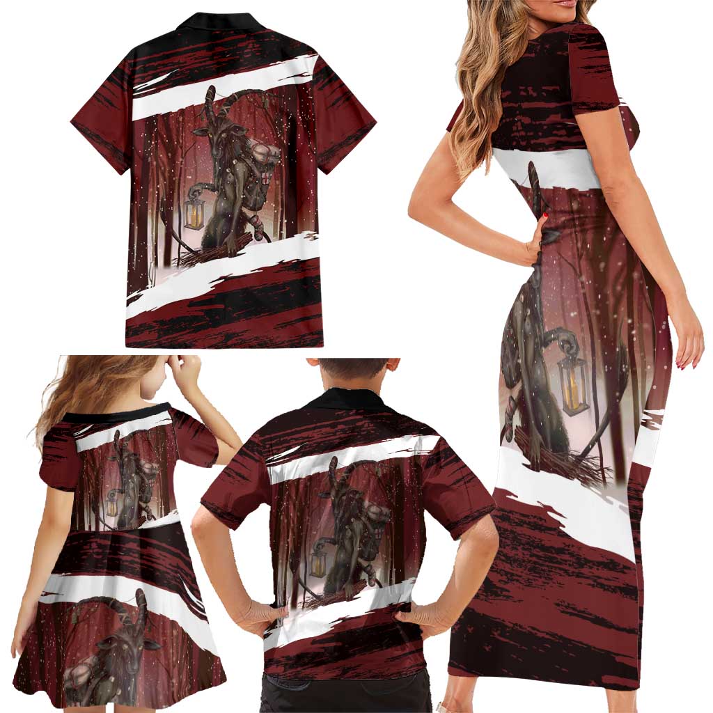 Merry Christmas Family Matching Short Sleeve Bodycon Dress and Hawaiian Shirt Krampus in The Woods - Red - Wonder Print Shop