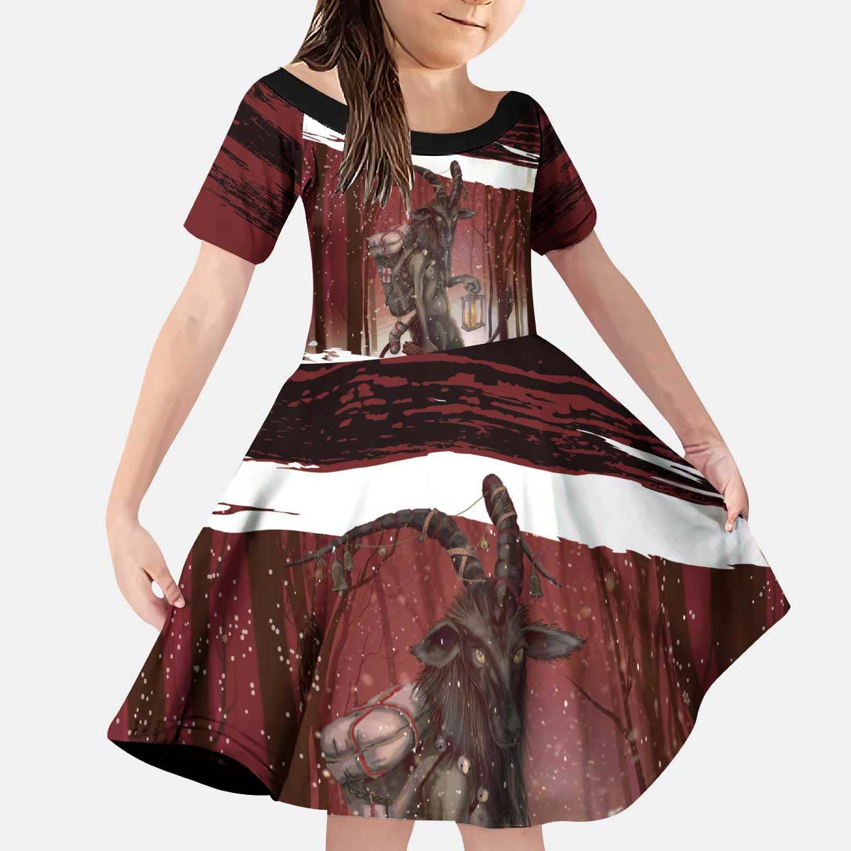 Merry Christmas Kid Short Sleeve Dress Krampus in The Woods - Red - Wonder Print Shop