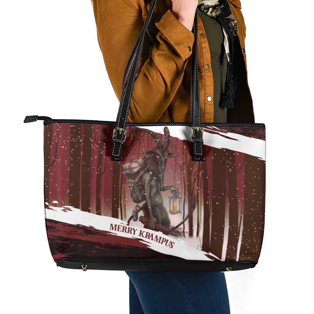 Merry Christmas Leather Tote Bag Krampus in The Woods - Red - Wonder Print Shop