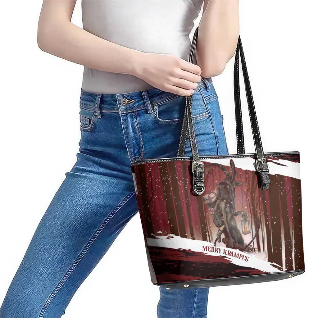 Merry Christmas Leather Tote Bag Krampus in The Woods - Red - Wonder Print Shop