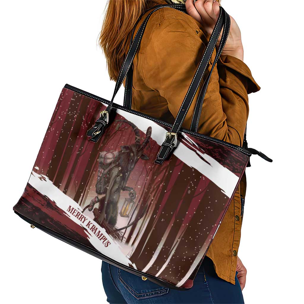 Merry Christmas Leather Tote Bag Krampus in The Woods - Red - Wonder Print Shop