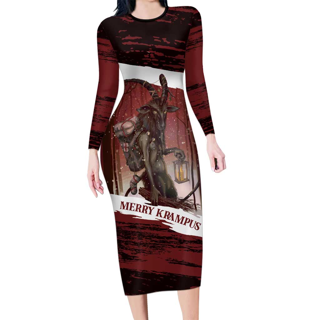 Merry Christmas Long Sleeve Bodycon Dress Krampus in The Woods - Red - Wonder Print Shop