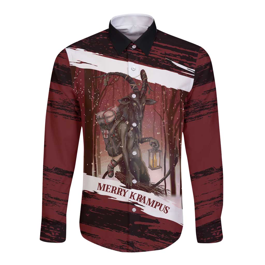 Merry Christmas Long Sleeve Button Shirt Krampus in The Woods - Red - Wonder Print Shop