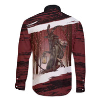 Merry Christmas Long Sleeve Button Shirt Krampus in The Woods - Red - Wonder Print Shop