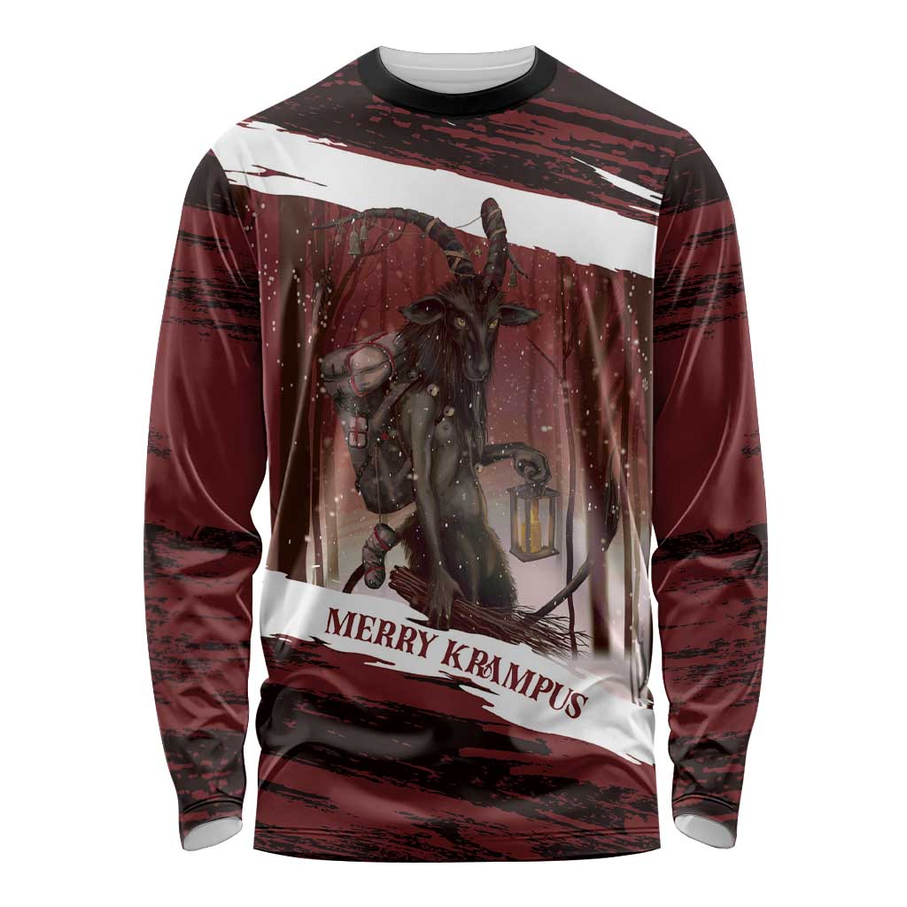 Merry Christmas Long Sleeve Shirt Krampus in The Woods - Red - Wonder Print Shop