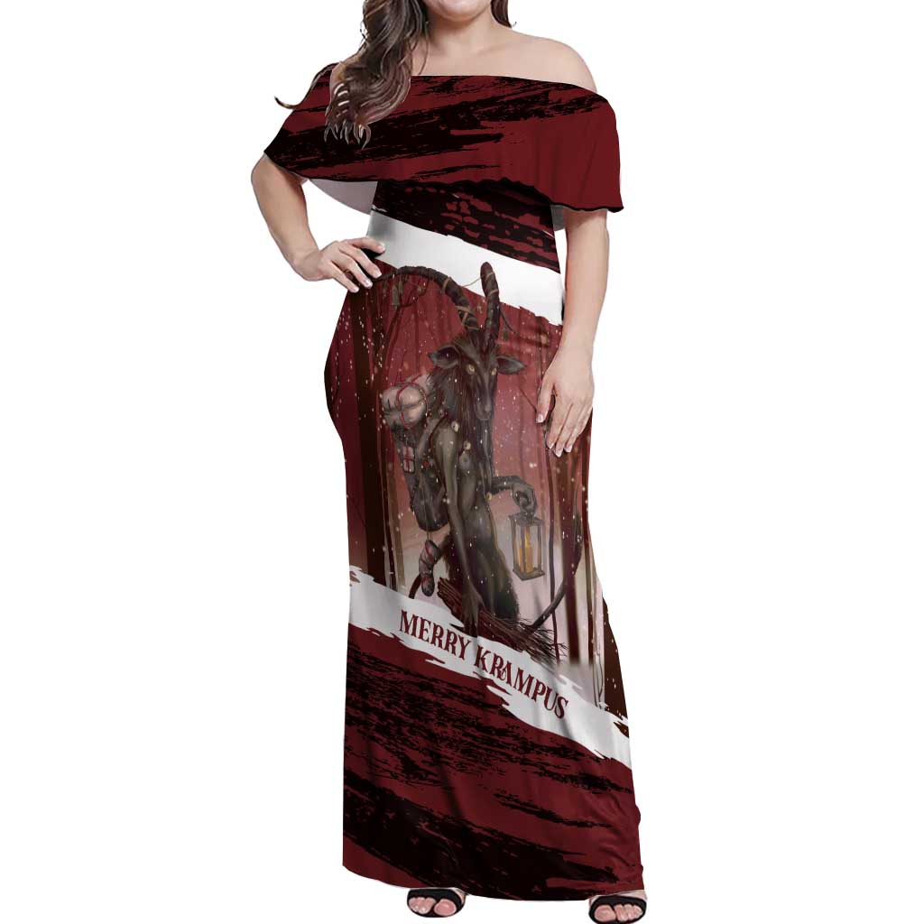 Merry Christmas Off Shoulder Maxi Dress Krampus in The Woods - Red - Wonder Print Shop
