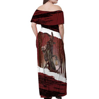 Merry Christmas Off Shoulder Maxi Dress Krampus in The Woods - Red - Wonder Print Shop