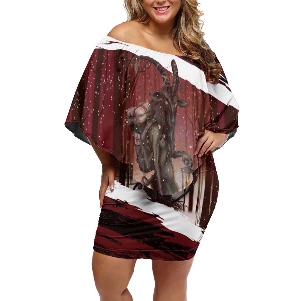 Merry Christmas Off Shoulder Short Dress Krampus in The Woods - Red - Wonder Print Shop