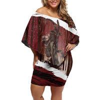 Merry Christmas Off Shoulder Short Dress Krampus in The Woods - Red - Wonder Print Shop