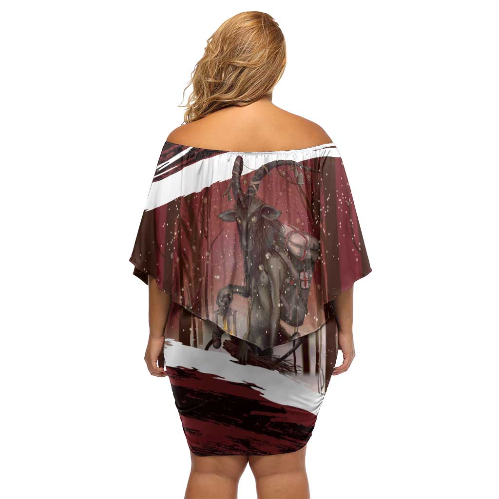 Merry Christmas Off Shoulder Short Dress Krampus in The Woods - Red - Wonder Print Shop