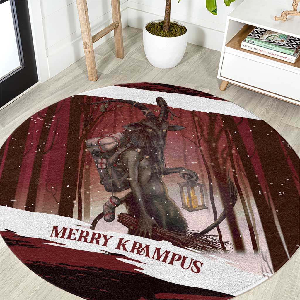 Merry Christmas Round Carpet Krampus in The Woods - Red
