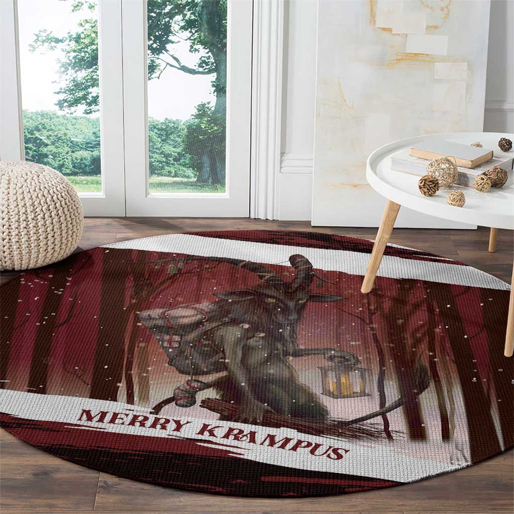 Merry Christmas Round Carpet Krampus in The Woods - Red
