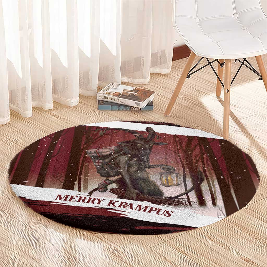 Merry Christmas Round Carpet Krampus in The Woods - Red