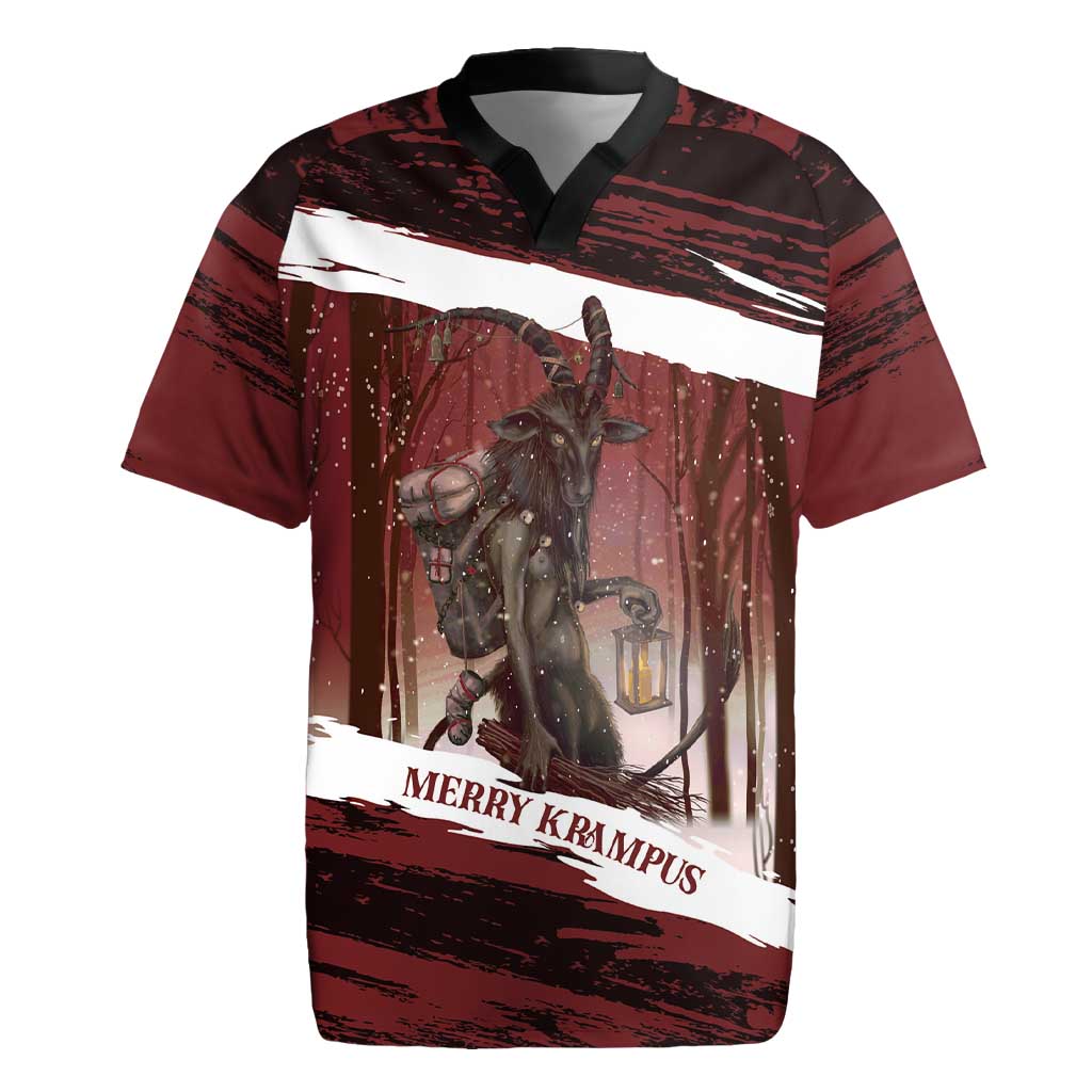 Merry Christmas Rugby Jersey Krampus in The Woods - Red - Wonder Print Shop