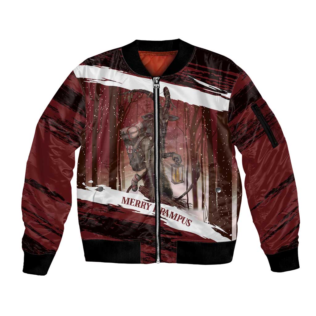 Merry Christmas Sleeve Zip Bomber Jacket Krampus in The Woods - Red - Wonder Print Shop