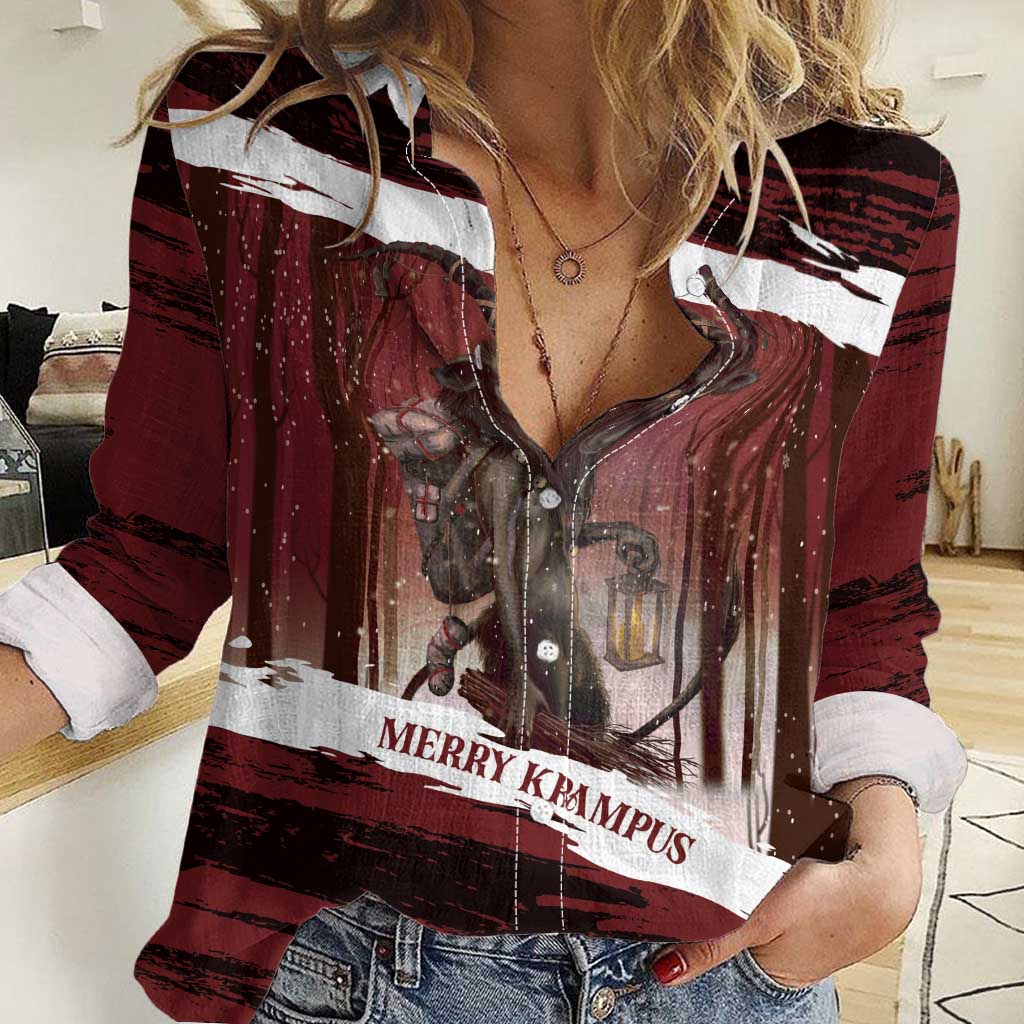 Merry Christmas Women Casual Shirt Krampus in The Woods - Red - Wonder Print Shop