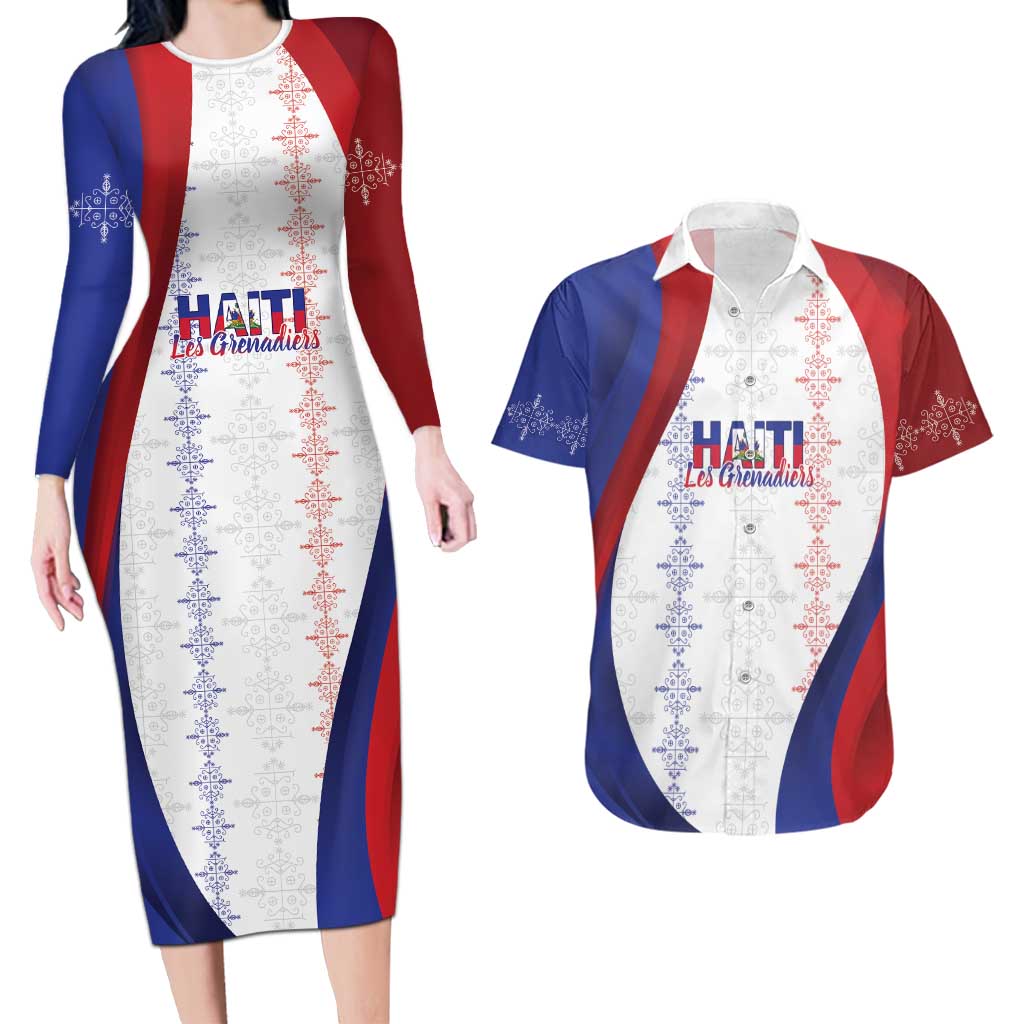 Haiti Football Les Grenadiers Personalized Couples Matching Long Sleeve Bodycon Dress and Hawaiian Shirt Voodoo Veve Papa Legba - Wonder Print Shop