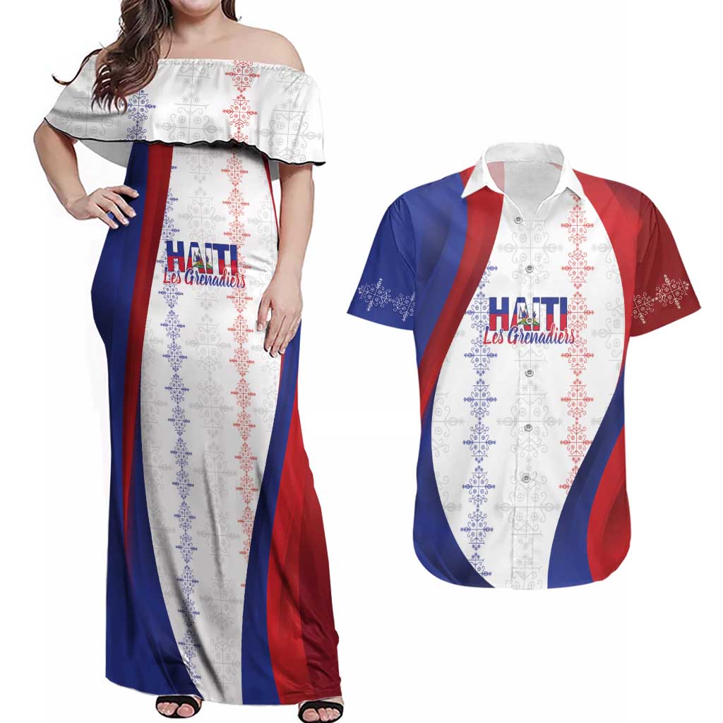 Haiti Football Les Grenadiers Personalized Couples Matching Off Shoulder Maxi Dress and Hawaiian Shirt Voodoo Veve Papa Legba - Wonder Print Shop