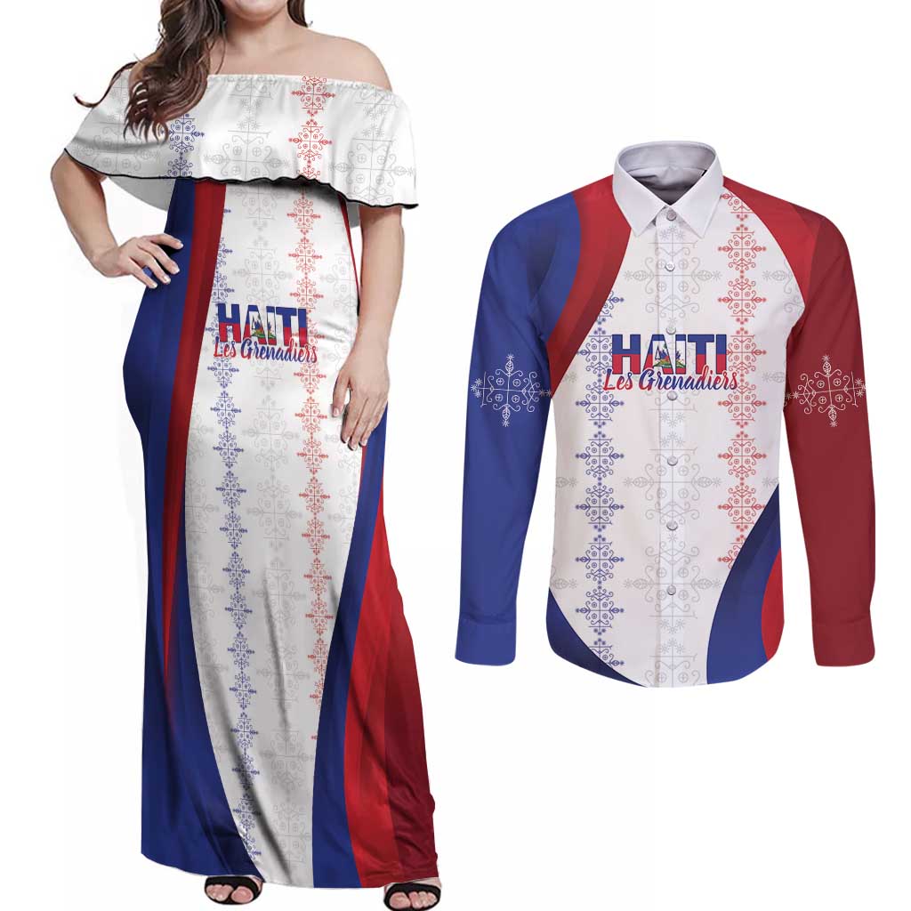 Haiti Football Les Grenadiers Personalized Couples Matching Off Shoulder Maxi Dress and Long Sleeve Button Shirt Voodoo Veve Papa Legba - Wonder Print Shop