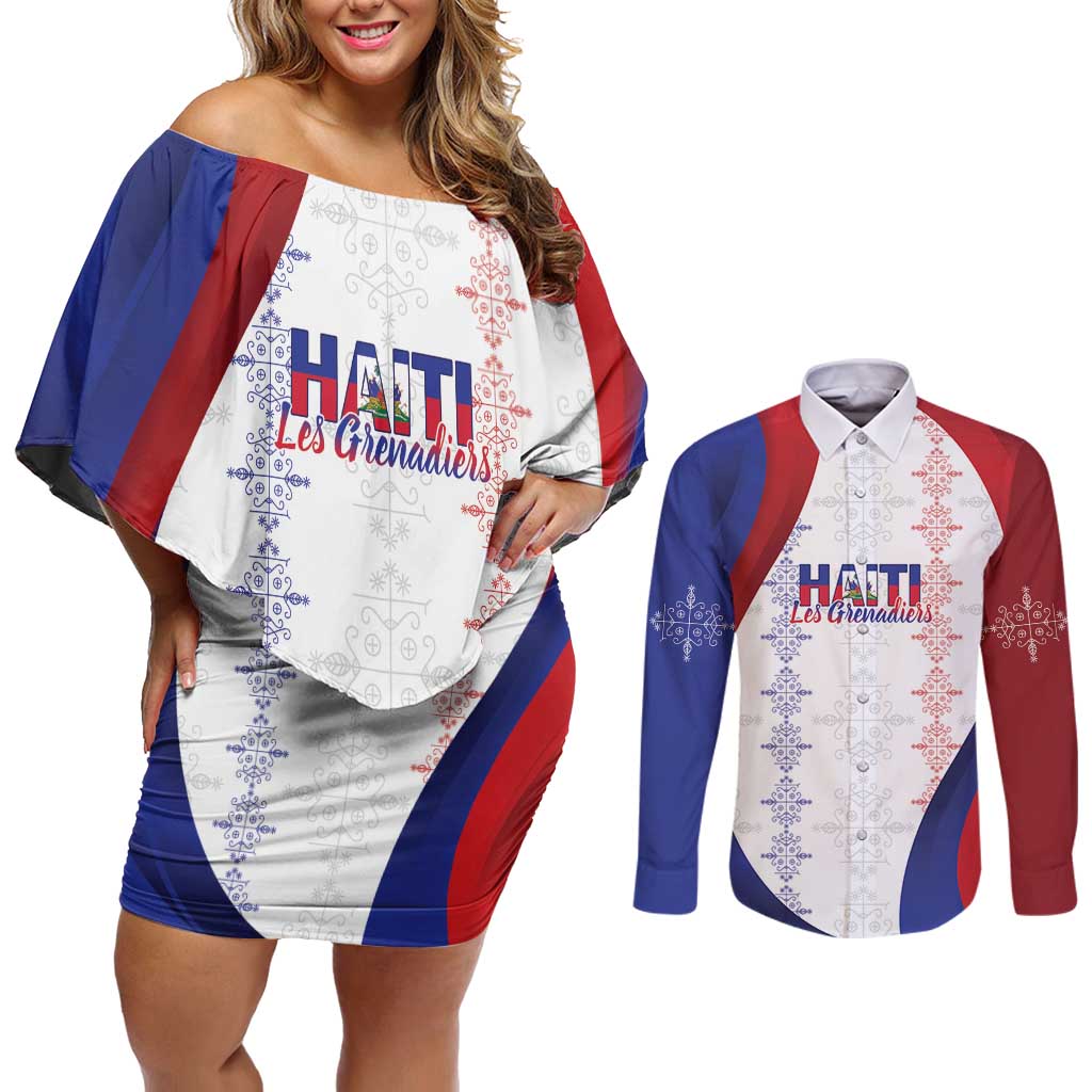Haiti Football Les Grenadiers Personalized Couples Matching Off Shoulder Short Dress and Long Sleeve Button Shirt Voodoo Veve Papa Legba - Wonder Print Shop
