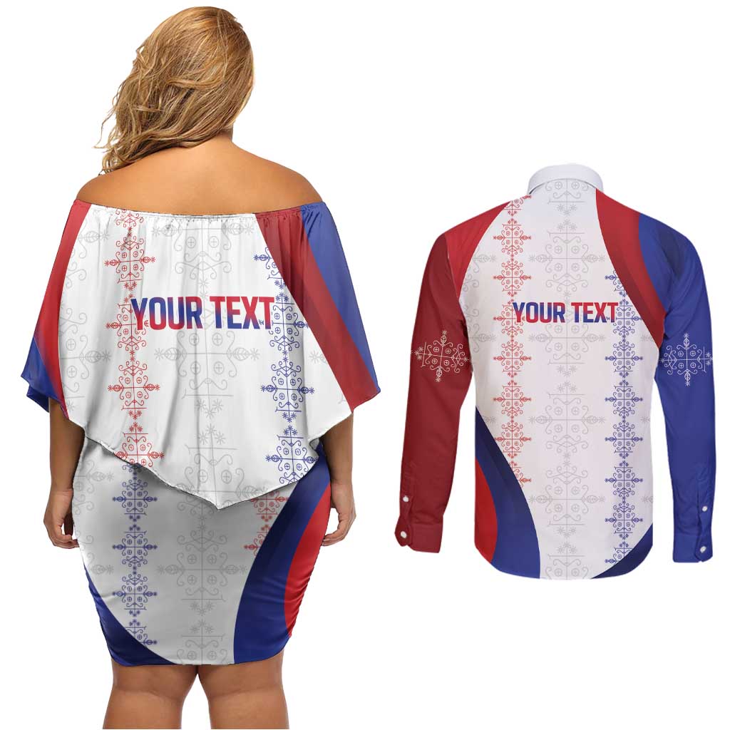 Haiti Football Les Grenadiers Personalized Couples Matching Off Shoulder Short Dress and Long Sleeve Button Shirt Voodoo Veve Papa Legba - Wonder Print Shop