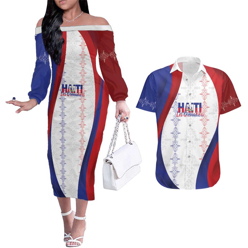 Haiti Football Les Grenadiers Personalized Couples Matching Off The Shoulder Long Sleeve Dress and Hawaiian Shirt Voodoo Veve Papa Legba - Wonder Print Shop