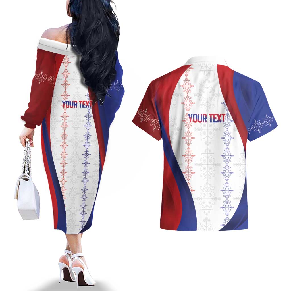 Haiti Football Les Grenadiers Personalized Couples Matching Off The Shoulder Long Sleeve Dress and Hawaiian Shirt Voodoo Veve Papa Legba - Wonder Print Shop