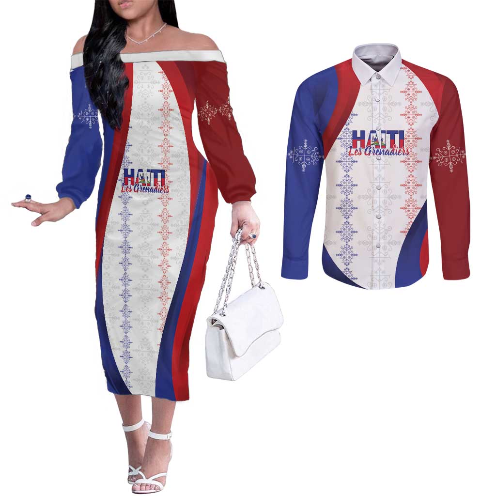 Haiti Football Les Grenadiers Personalized Couples Matching Off The Shoulder Long Sleeve Dress and Long Sleeve Button Shirt Voodoo Veve Papa Legba - Wonder Print Shop