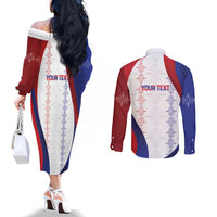 Haiti Football Les Grenadiers Personalized Couples Matching Off The Shoulder Long Sleeve Dress and Long Sleeve Button Shirt Voodoo Veve Papa Legba - Wonder Print Shop