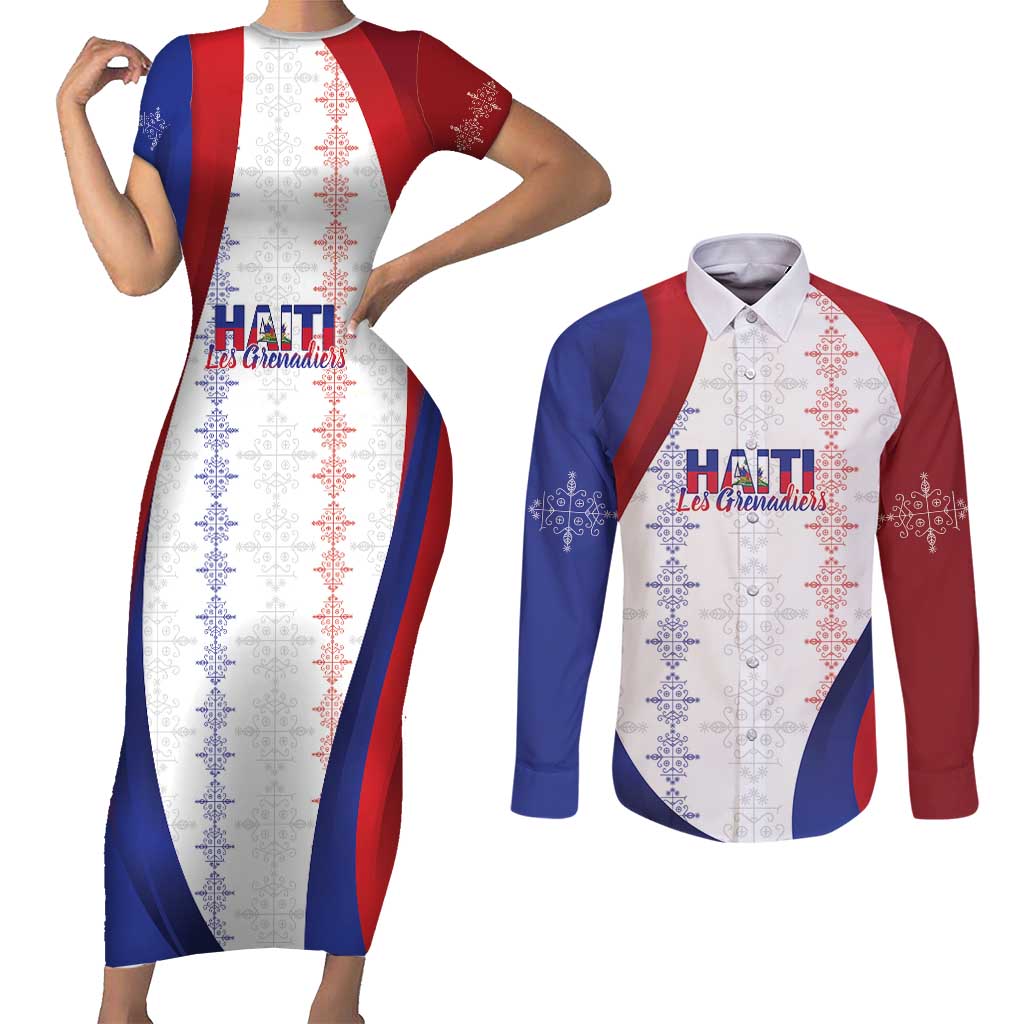 Haiti Football Les Grenadiers Personalized Couples Matching Short Sleeve Bodycon Dress and Long Sleeve Button Shirt Voodoo Veve Papa Legba - Wonder Print Shop