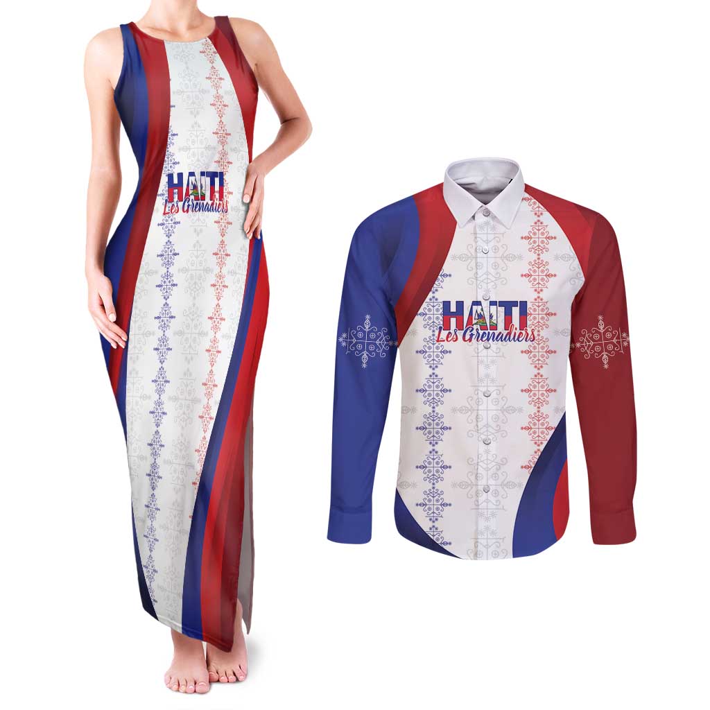 Haiti Football Les Grenadiers Personalized Couples Matching Tank Maxi Dress and Long Sleeve Button Shirt Voodoo Veve Papa Legba - Wonder Print Shop