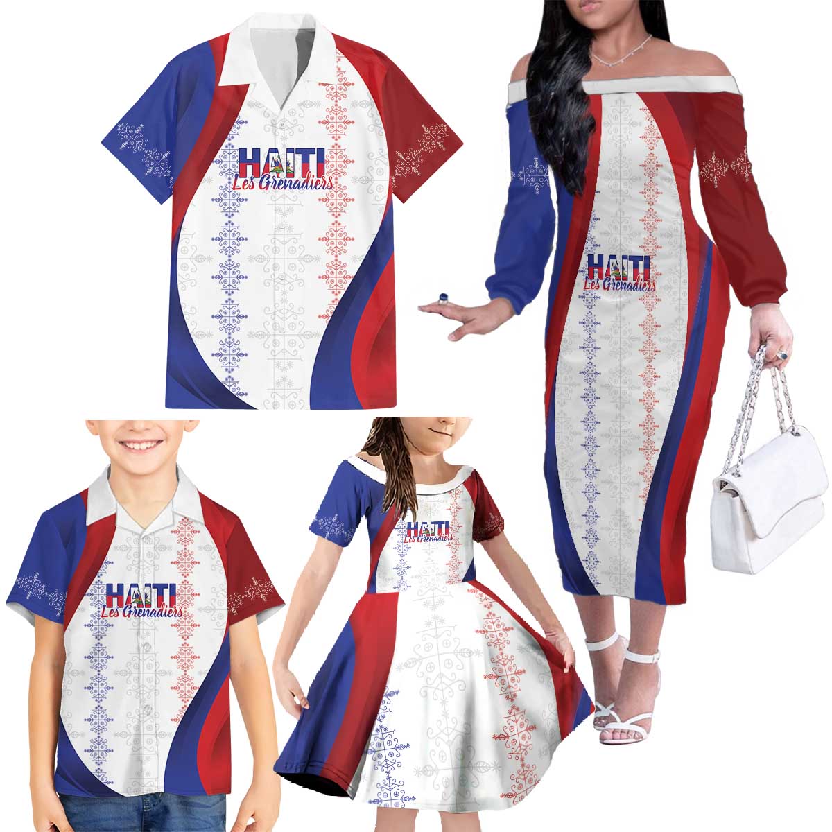 Haiti Football Les Grenadiers Personalized Family Matching Off The Shoulder Long Sleeve Dress and Hawaiian Shirt Voodoo Veve Papa Legba - Wonder Print Shop