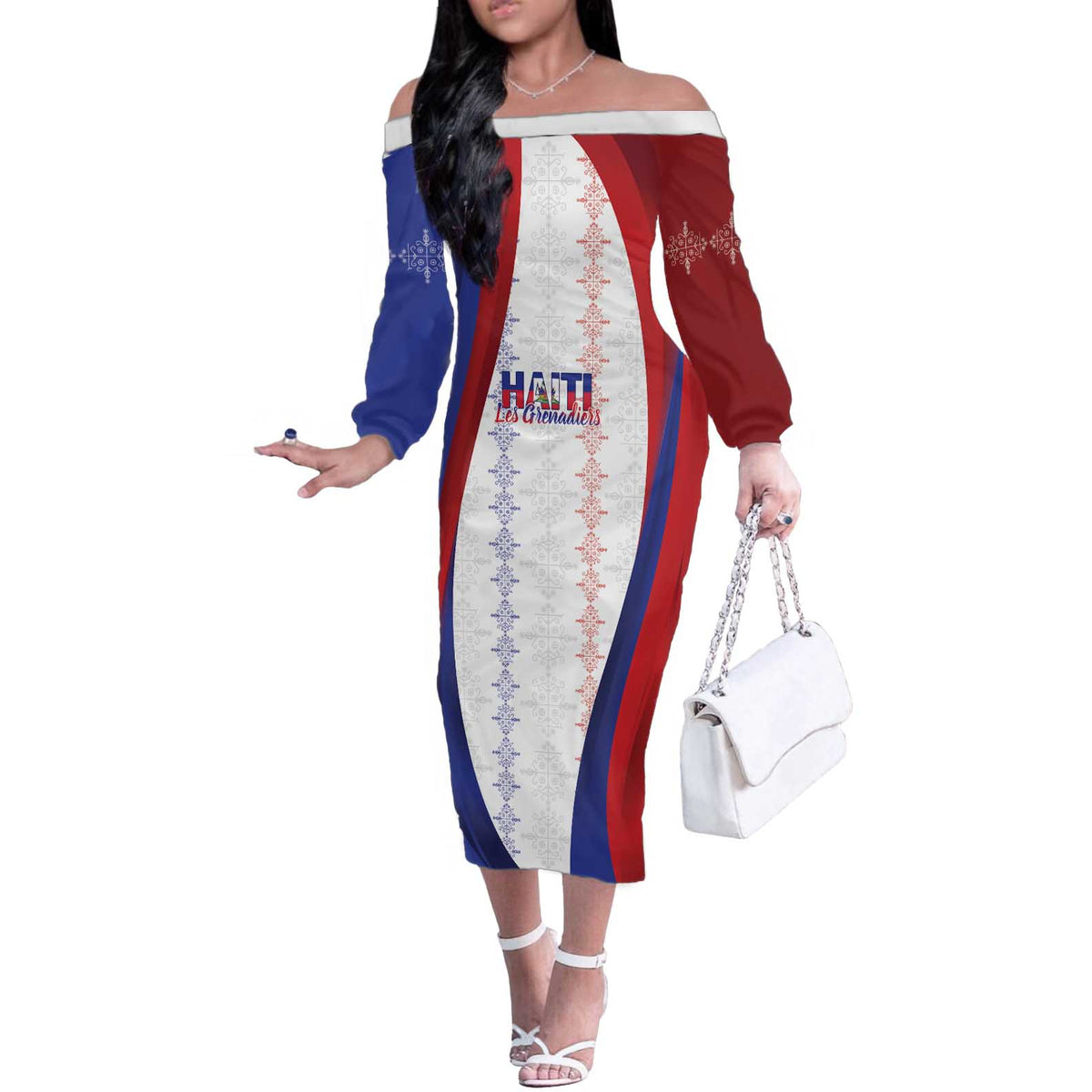 Haiti Football Les Grenadiers Personalized Off The Shoulder Long Sleeve Dress Voodoo Veve Papa Legba - Wonder Print Shop