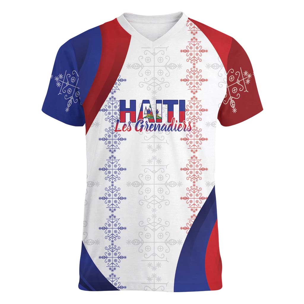 Haiti Football Les Grenadiers Personalized Women V-Neck T-Shirt Voodoo Veve Papa Legba - Wonder Print Shop